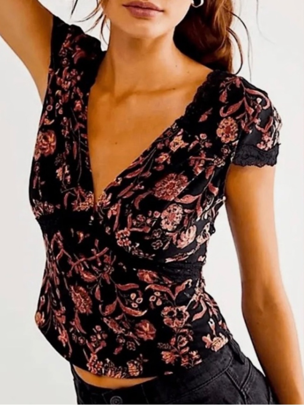 Free People Emery Top Black Combo Floral Medium